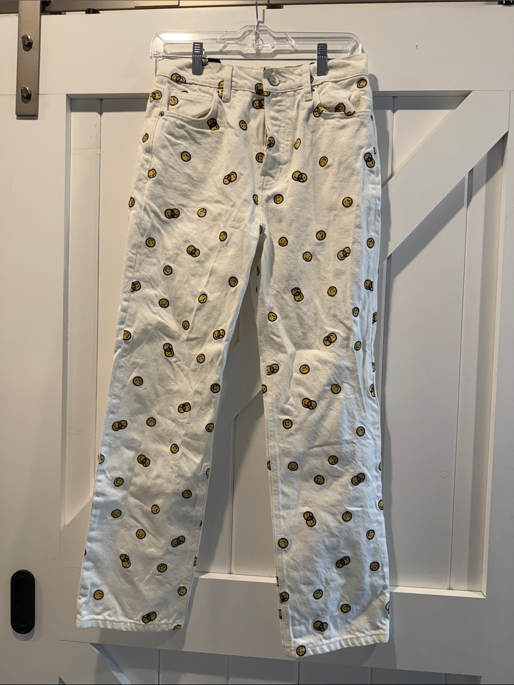White Emoji Print Straight-Leg Jeans